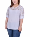 NY COLLECTION PLUS SIZE SHORT PUFF SLEEVE TOP WITH LACE SLEEVES AND YOKE