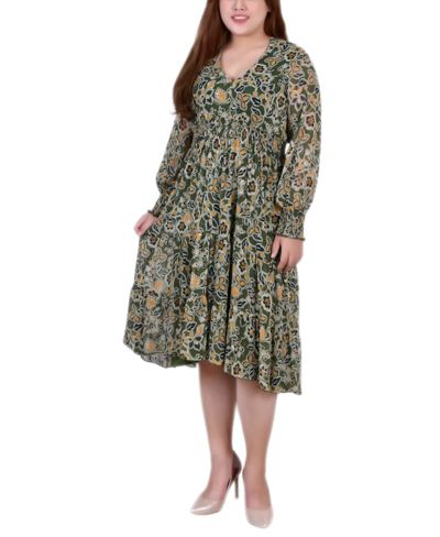 Ny Collection Women's Long Sleeve Clip Dot Chiffon Dress With Smocked Waist And Cuffs Dress In Olive Floral