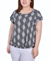 Ny Collection Petite Size Short Flutter Sleeve Top With Studded Neckline In Black White Abstract