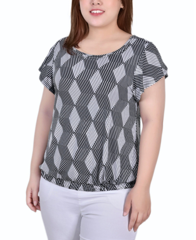 NY COLLECTION PLUS SIZE SHORT FLUTTER SLEEVE TOP WITH STUDDED NECKLINE
