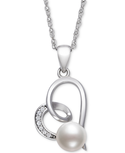 Belle De Mer Cultured Freshwater Button Pearl (6mm) & Cubic Zirconia Heart 18" Pendant Necklace In Sterling Silve In Sterling Silver