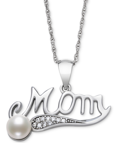 Belle De Mer Cultured Freshwater Button Pearl (5mm) & Cubic Zirconia Mom 18" Pendant Necklace In Sterling Silver
