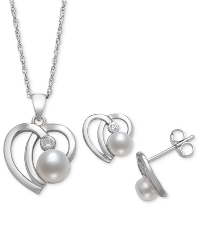 Belle De Mer 2-pc. Set Cultured Freshwater Button Pearl (6mm) & Cubic Zirconia Heart Pendant Necklace & Matching In Sterling Silver