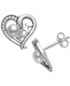 BELLE DE MER CULTURED FRESHWATER BUTTON PEARL (4MM) & CUBIC ZIRCONIA MOM HEART STUD EARRINGS IN STERLING SILVER