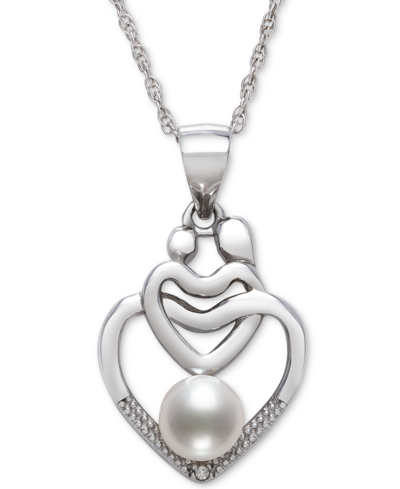 Belle De Mer Cultured Freshwater Pearl (5mm) & Diamond Accent Mother & Child Heart 18" Pendant Necklace In Sterli In Sterling Silver
