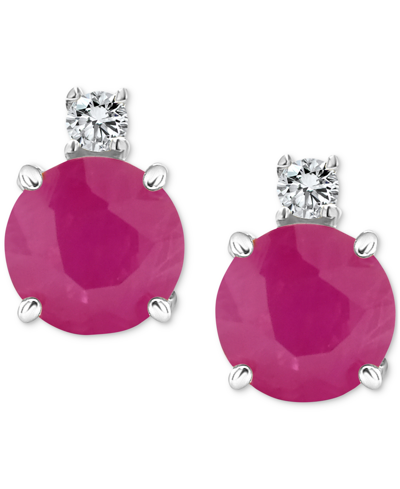 Macy's Sapphire (1-1/3 Ct. T.w.) & Diamond Accent Stud Earrings In 14k White Gold (also In Emerald & Ruby) In Ruby Red