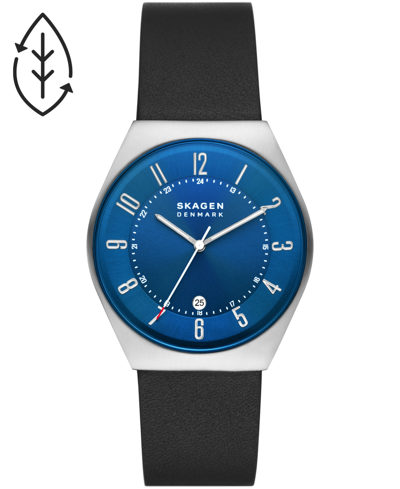 Skagen Men's Grenen Midnight Leather Strap Three Hand Date Watch, 37mm In Blue