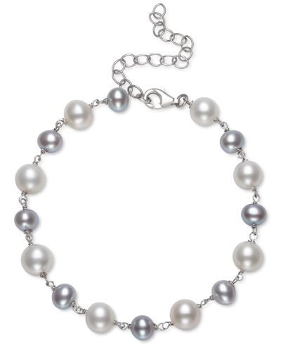 Belle De Mer Gray & White Cultured Freshwater Pearl (5-6mm & 7-8mm) Bracelet In Sterling Silver (also In Pink & W
