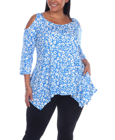 White Mark Plus Size Leopard Cold Shoulder Tunic Top In Blue