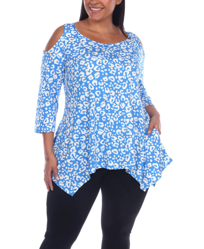 White Mark Plus Size Leopard Cold Shoulder Tunic Top In Blue Leopard