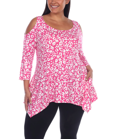 White Mark Plus Size Leopard Cold Shoulder Tunic Top In Pink