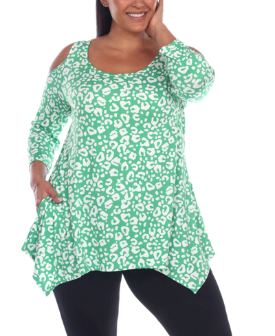 White Mark Plus Size Leopard Cold Shoulder Tunic Top In Green Leopard
