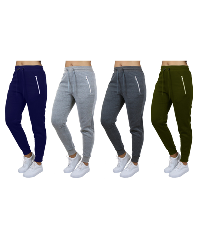 Galaxy By Harvic Women's Loose Fit Fleece Joggers With Zipper Pockets- 4 Pack In Black-navy-burgundy-olive