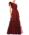 Mac Duggal Ruffled One Shoulder Tiered Chiffon Gown In Wine