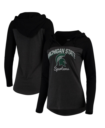 Camp David Women's Charcoal Michigan State Spartans Knockout Color Block Long Sleeve V-neck Hoodie T-shirt