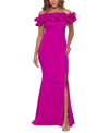 Xscape Ruffle Off The Shoulder Crepe Column Gown In Fuchsia