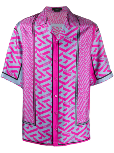 Versace Greca Signature Silk Blend Bowling Shirt In Pink