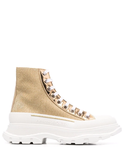 Alexander Mcqueen Tread Slick Glitter-embellished Sneakers In Gold