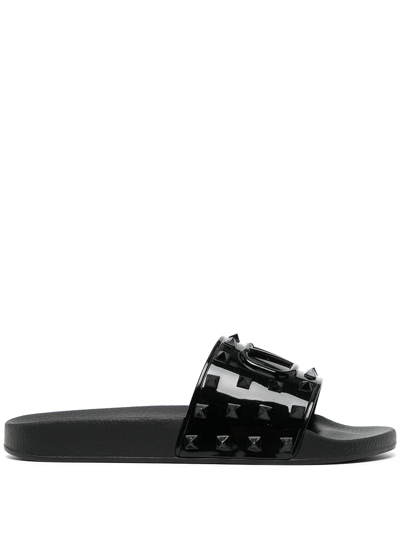 Valentino Garavani Studded Logo Rubber Slide Sandals In Black
