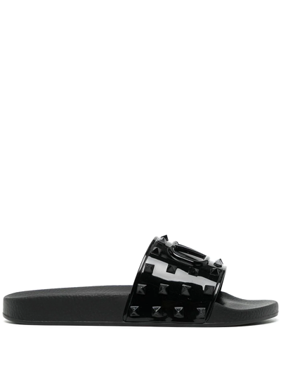 Valentino Garavani Vlogo Rockstud Flat Slides In Schwarz