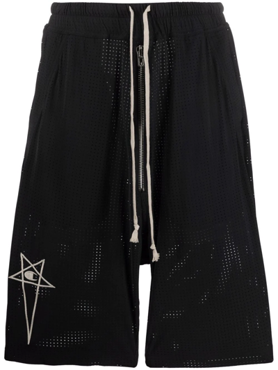 Rick Owens X Champion Embroidered-logo Knee-length Shorts In Schwarz