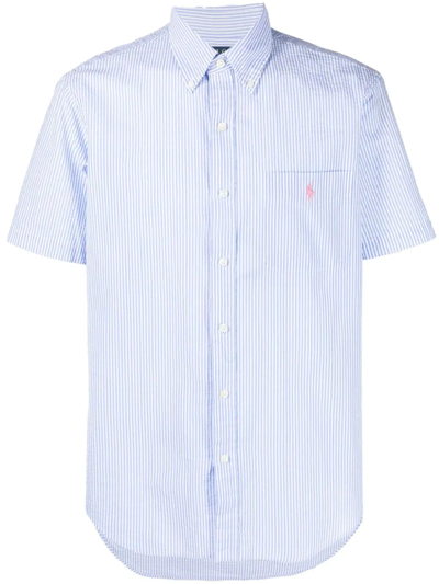 Polo Ralph Lauren Icon Logo Short Sleeve Stripe Seersucker Shirt Custom Regular Fit In Light Blue/white