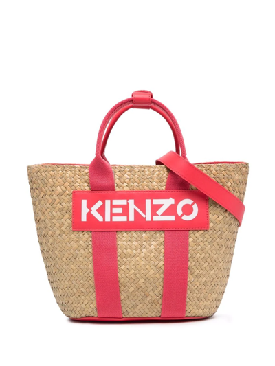Kenzo Logo-patch Raffia Tote Bag In Coral