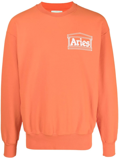 Aries Mans Orange Cotton Sweatshirt With Logo Print