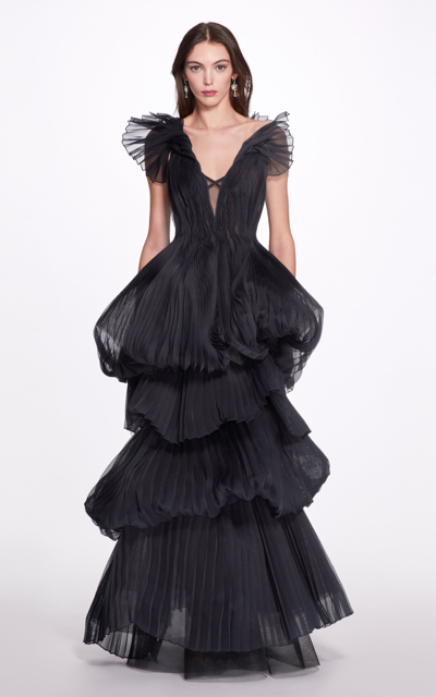 Marchesa Tiered Column Gown With Satin-faced Rose Detail In Black