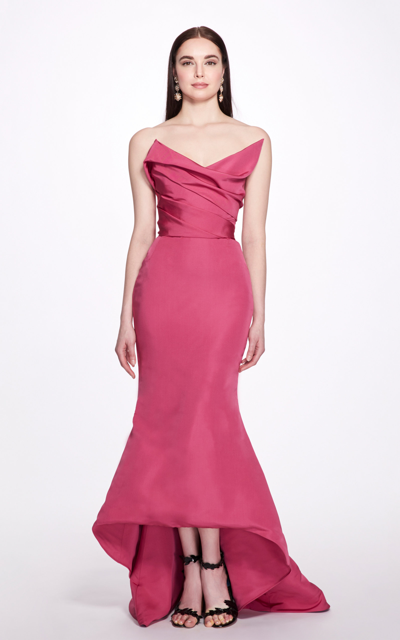 Marchesa Strapless Draped High-low Silk Faille Gown In Pink