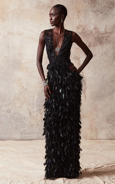 Naeem Khan Women's Feathered Column Gown In Black