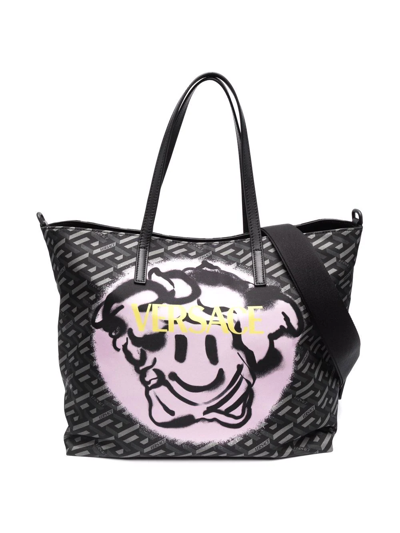 Versace Graffiti-print Branded Tote In Black