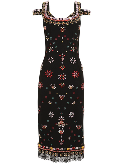 Dolce & Gabbana Jersey Midi Dress With Multi-colored Embroidery In Multicolor