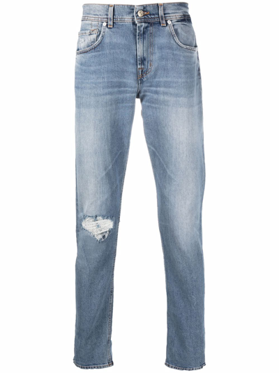 7 For All Mankind Ripped-knee Straight-leg Jeans In Blau
