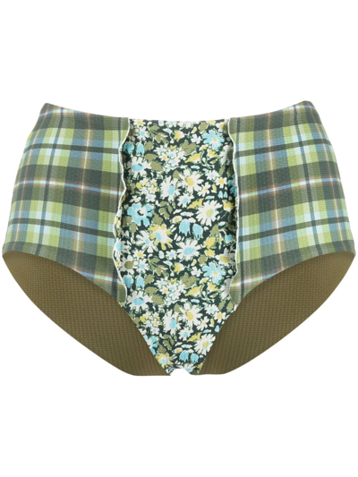 Marysia Plaid And Floral-print Bikini Bottoms In Grün
