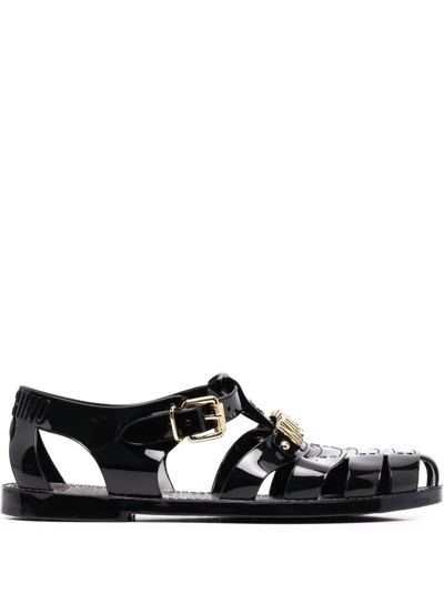 Moschino Black Jelly Logo Lettering Sandals In Animal Print
