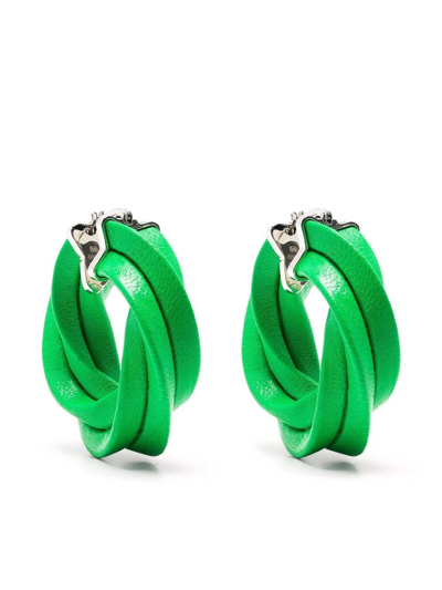 Bottega Veneta Twisted Leather And Sterling-silver Hoop Earrings In Green