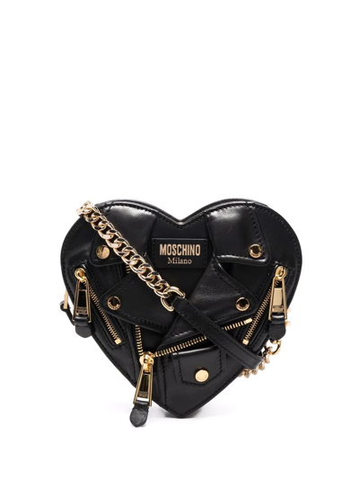 Moschino Heart-shape Moto Leather Crossbody Bag In Black