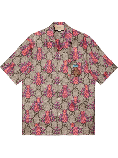 Gucci Pineapple Gg Print Silk Bowling Shirt In Nude | ModeSens