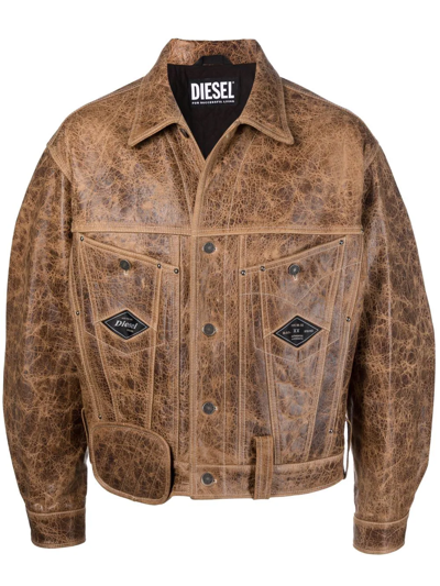 Diesel Vintage-look Leather Bomber Jacket In Brown