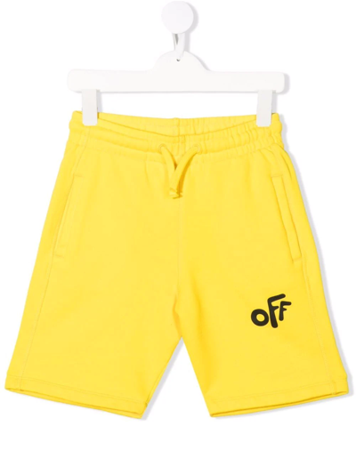 Off-white Kids' Boy's Rounded Logo Drawstring Sweat Shorts In Yellow Black