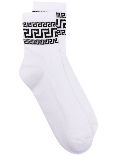 Versace Greca Intarsia Cotton Blend Socks In White Black