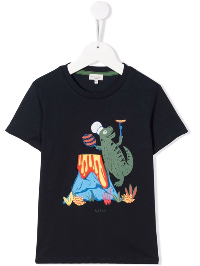 Paul Smith Junior Kids' Dino Bbq-print Organic Cotton T-shirt In Blue