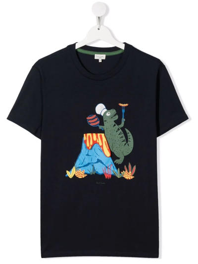 Paul Smith Junior Kids' Dino Bbq-print Organic Cotton T-shirt In Blue