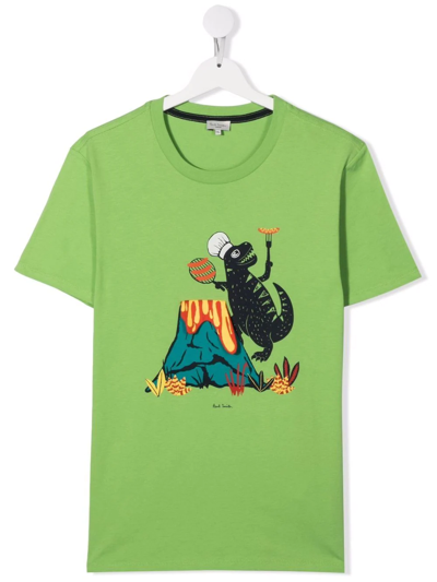 Paul Smith Junior Kids' Dino Bbq-print Organic Cotton T-shirt In Green