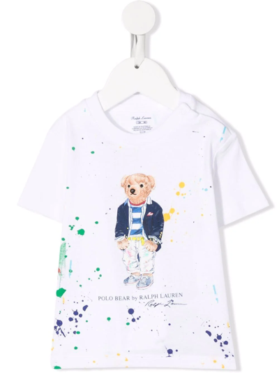 Ralph Lauren Babies' Polo Bear Paint-splatter T-shirt In White