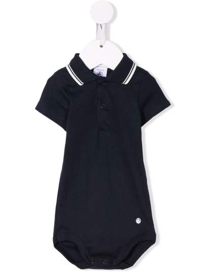 Petit Bateau Babies' Cotton Polo-collar Bodysuit In Blue