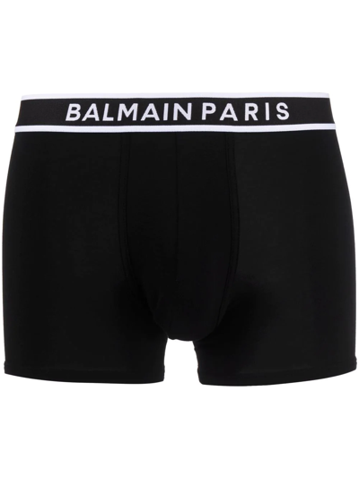 Balmain Men's Jersey Shiny-logo Boxer Trunks In Black/gun Metal