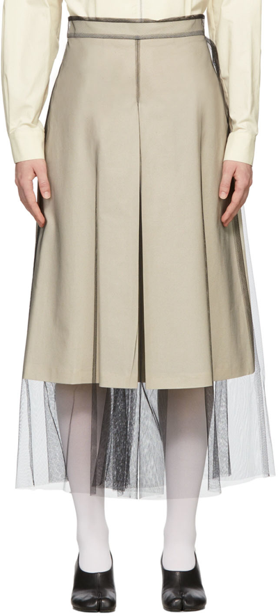 Maison Margiela Calico Pleated Skirt-culottes With Tull Overlay In White