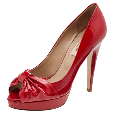 Pre-owned Valentino Garavani Red Patent Leather Bow Peep Toe Pumps Size 36